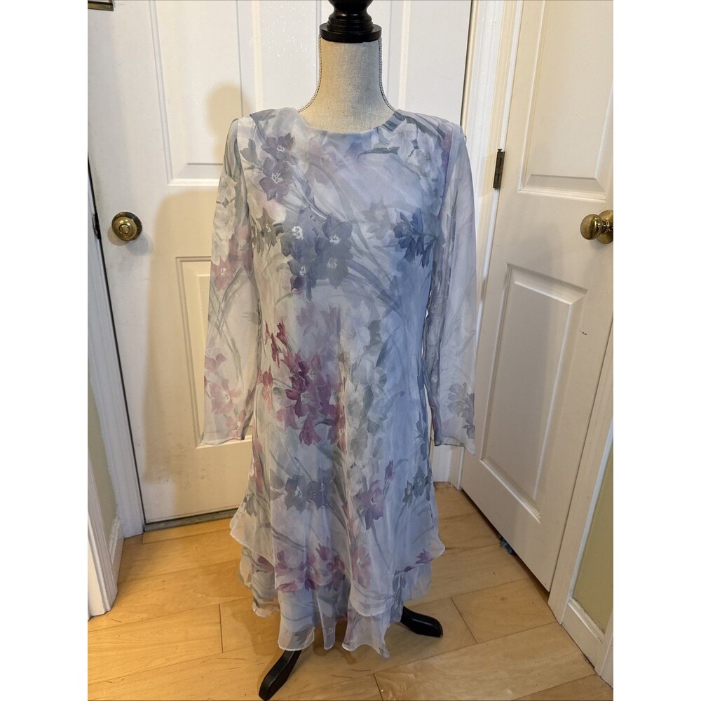 BREEZY BLUE BEAUTY ursula light blue floral longsleeve chiffon dress size 12